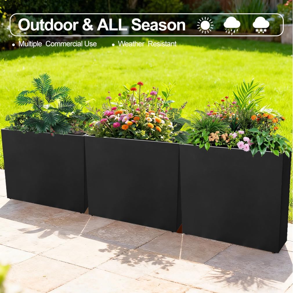 Metal Tall Long Planter Box Large Rectangular Planter Flower Pot with Drainage Holes for Indoor Outdoor Deck Porch Garden Home Patio Front Door (Black, 28" L x 9" W x 26" H)