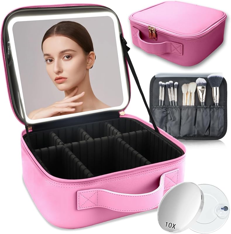 Maleta de maquiagem SUILU com espelho LED, 3 ajustes de cor, espelho de aumento 10x, divisórias ajustáveis, Dark Pink