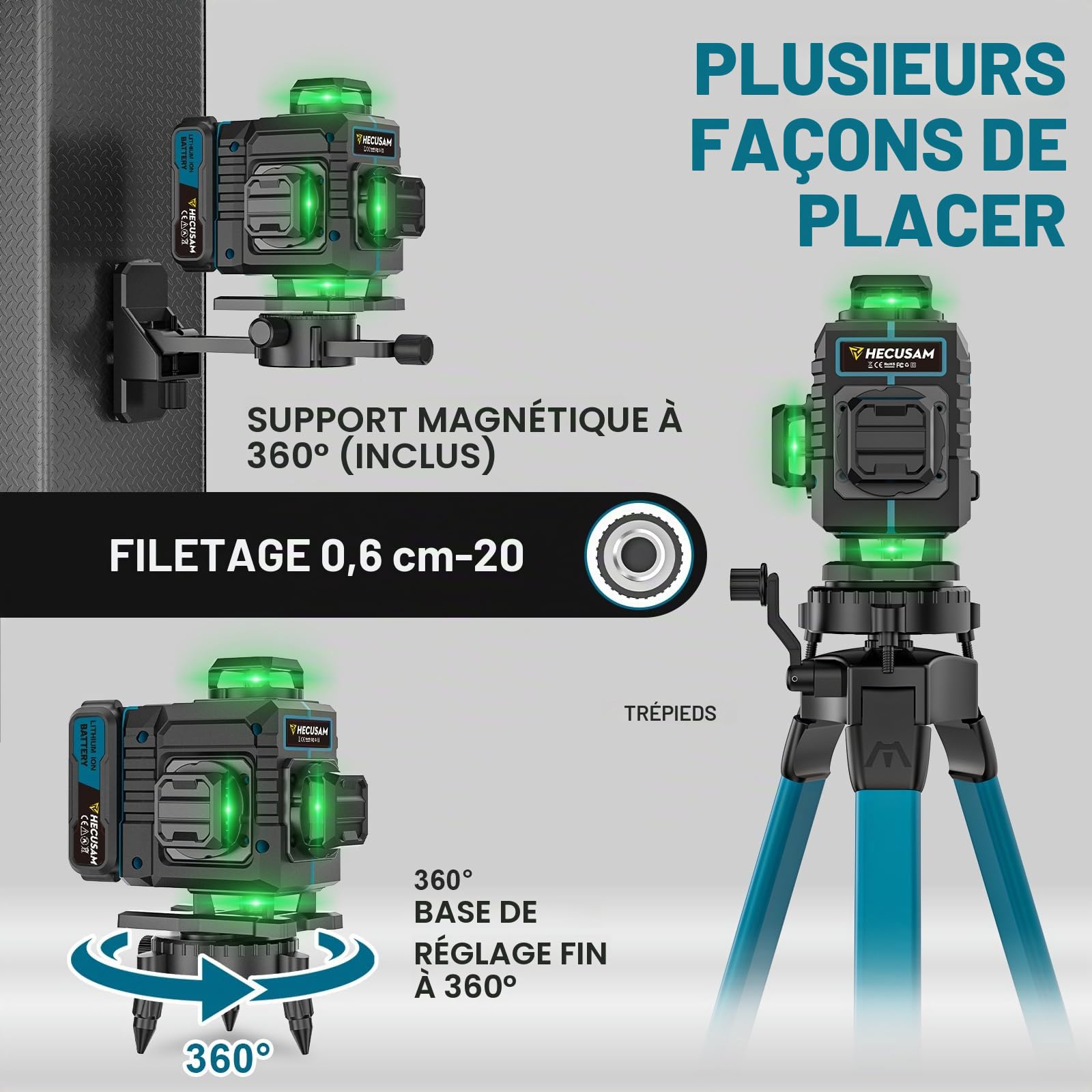 Niveau Laser Avec Trepied, Niveau Laser Chantier Autonivelant 4×360°, Laser à Lignes Continues Avec FenêTre De Rotation à 360°, Batterie 2×4800 mAh, Indice IP54 Pour Bâtiment, Carrelage