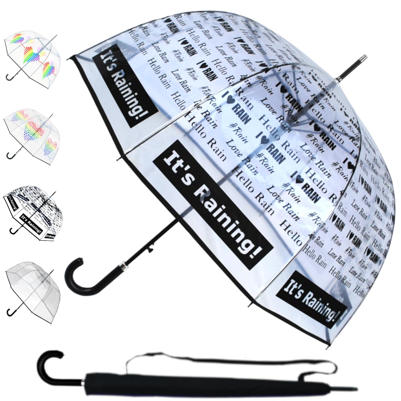 Windproof Strong Dome Umbrella Women - Large Automatic Clear Umbrella - StormDefender See Through Dome Canopy - Best for Visibility - Designer Fiberglass - With Words Writing - It's Raining