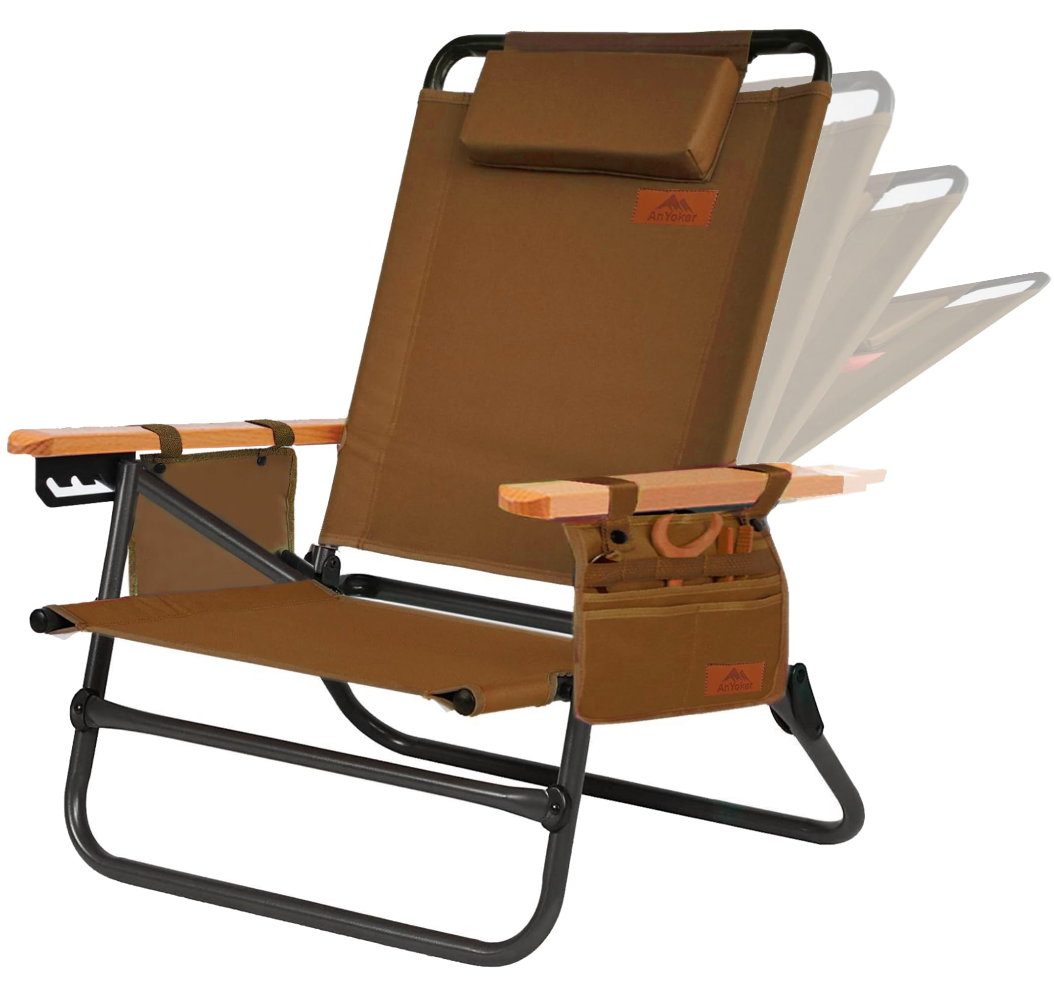 AnYoker Camping Chair, 4 Adjust Position Compact Backpacking Chair, Portable Folding Chair, Beach Chair with Side Pocket, Headrest,Cup Holder,Shoulder Strap, Lightweight Hiking Chair SDTJYMZ (Coffee)