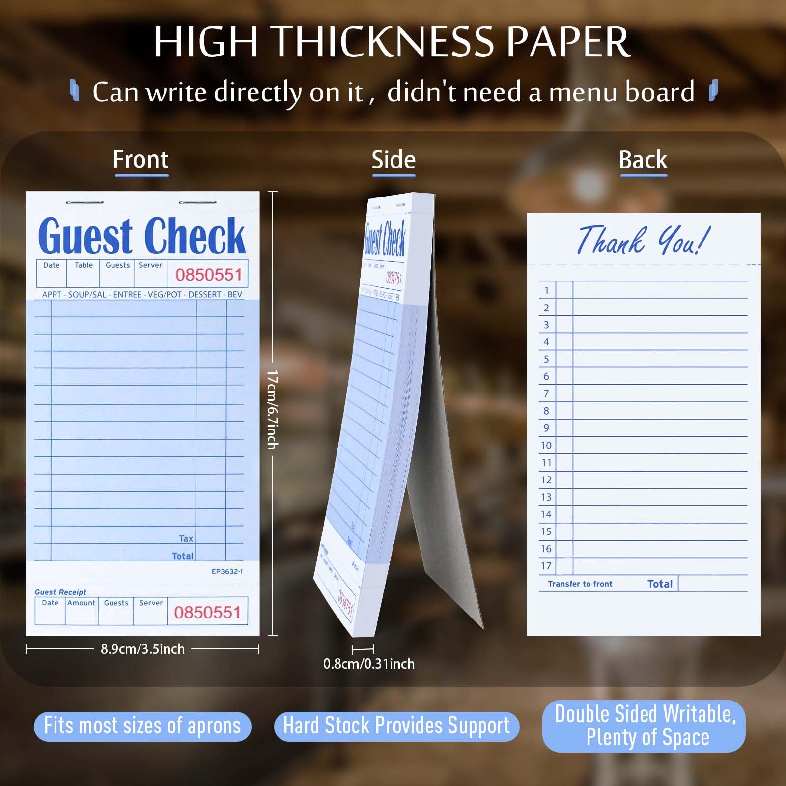 DGBDPACK Guest Check Pads EP-3632-1 Lot de 10 blocs de 500 carnets bleus pour serveuse 500 feuilles