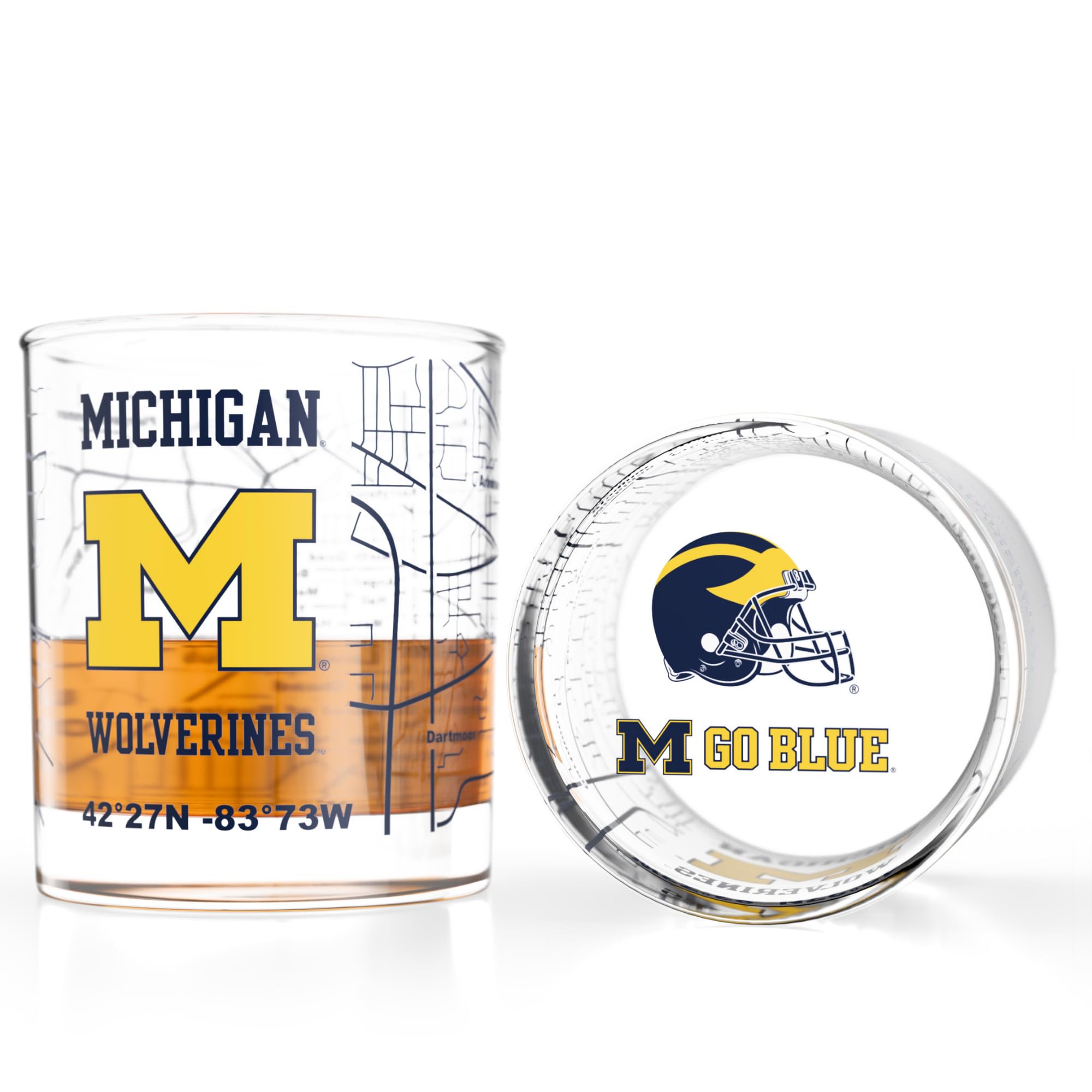 Greenline Goods University of Michigan Wolverines Whiskey Glasses Set of 2, 10 oz Rocks Glasses with Full-Color Logo &amp; Campus Map – Officially Licensed Bourbon Glass Gift for Alumni &amp; Fans