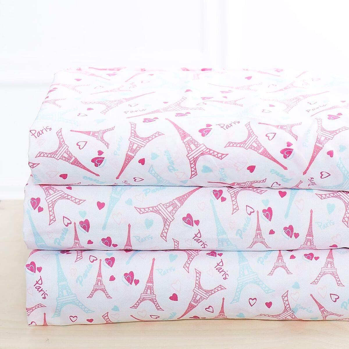 MK Home Set Biancheria Letto 5 Pezzi Per Ragazze, Motivo Torre Eiffel Paris, Rosa E Grigio, Microfibra Morbida
