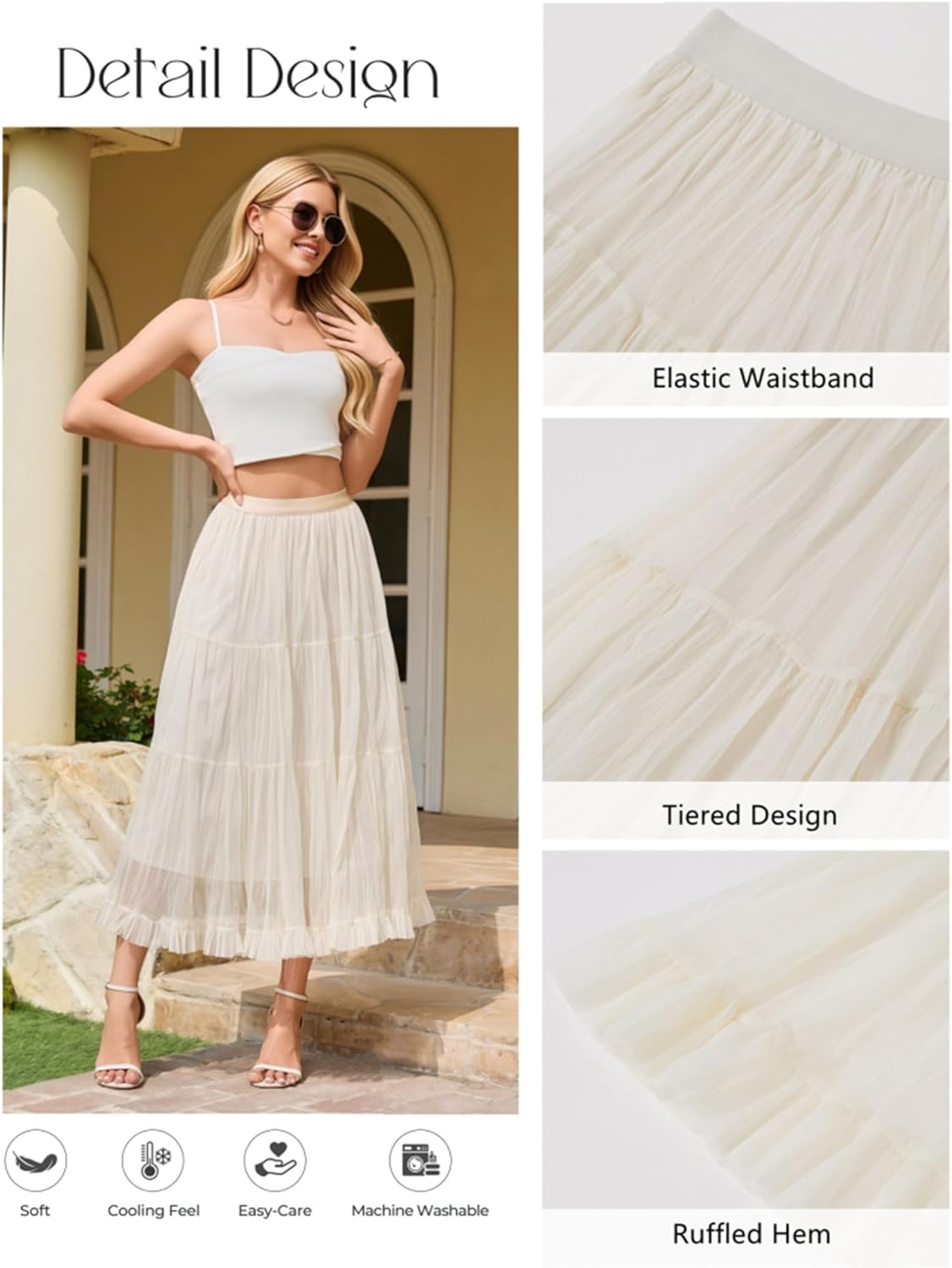 Tulle Skirts for Women with Lining Elastic High Waisted Tiered A-Line Pleated Long Maxi Skirt for Holiday