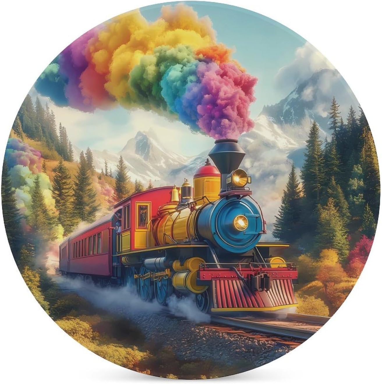 Steam Train Rainbow Cloud Sky Forests Mountain Coasters for Drink Round Ceramic Coaster with Cork Base Home Decorative 6PCS