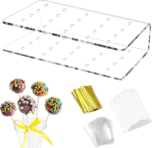 SelfTek 20 Holes Cake Pop Display Stand Clear Acrylic Lollipop Holder Stand with 100 Pcs Paper Sticks 100 Pcs Clear Treat Bags and 100 Pieces Twist Ties for Baby Shower Birthday Wedding Party