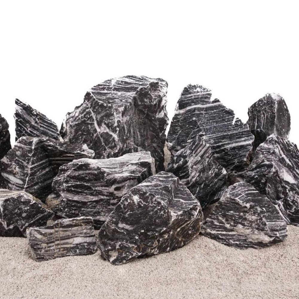 AquaOne Kamienie zebry do akwarium, kamienie naturalne, mieszanka 10 kg, rozm. M-L 0,8 – 1,2 kg, 2,3-2,7 kg, czarna dekoracja, terrarium, nanokonocing, krajobraz