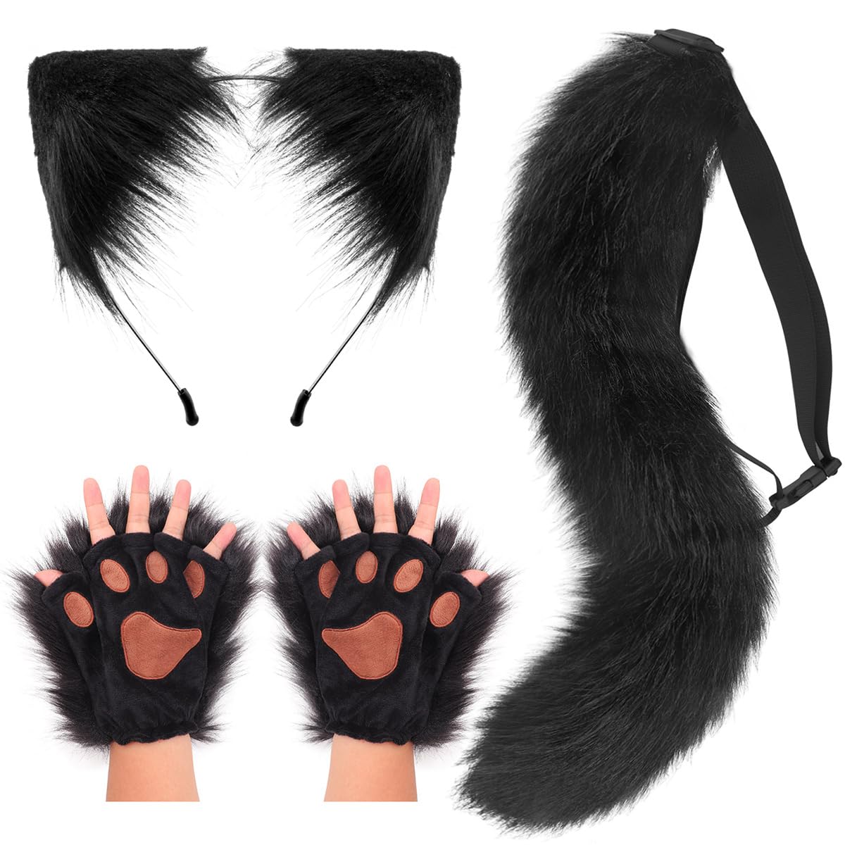 DRESHOW Wolf Fox Fur Tail Ears Headband and Gloves Set Cosplay Party Costume Super Huge Fluffy Tail for Women