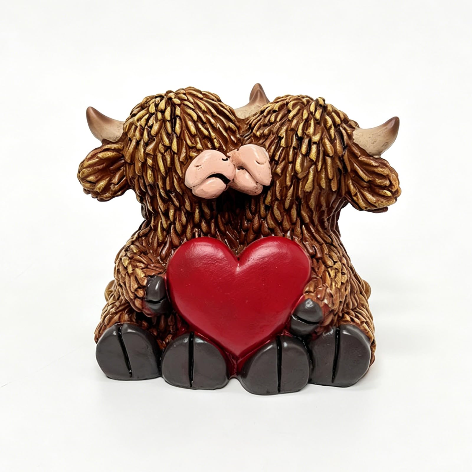 AMJUDOT Highland Cow Statue with Heart Figurine Resin Highland Cow Statue Ornament Hugging Cow Sculpture Home Office Desk Decoration