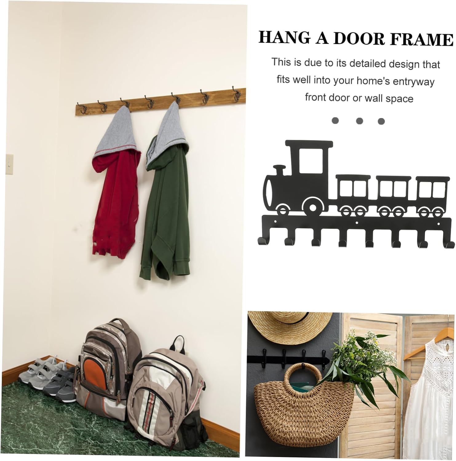 Heavy Duty Iron Train Shape Wall Mount Rack with Hooks Stylish Coat Hanger for Clothes Hats Keys Space-Saving Decorative Storage for Entryway and Bathroom