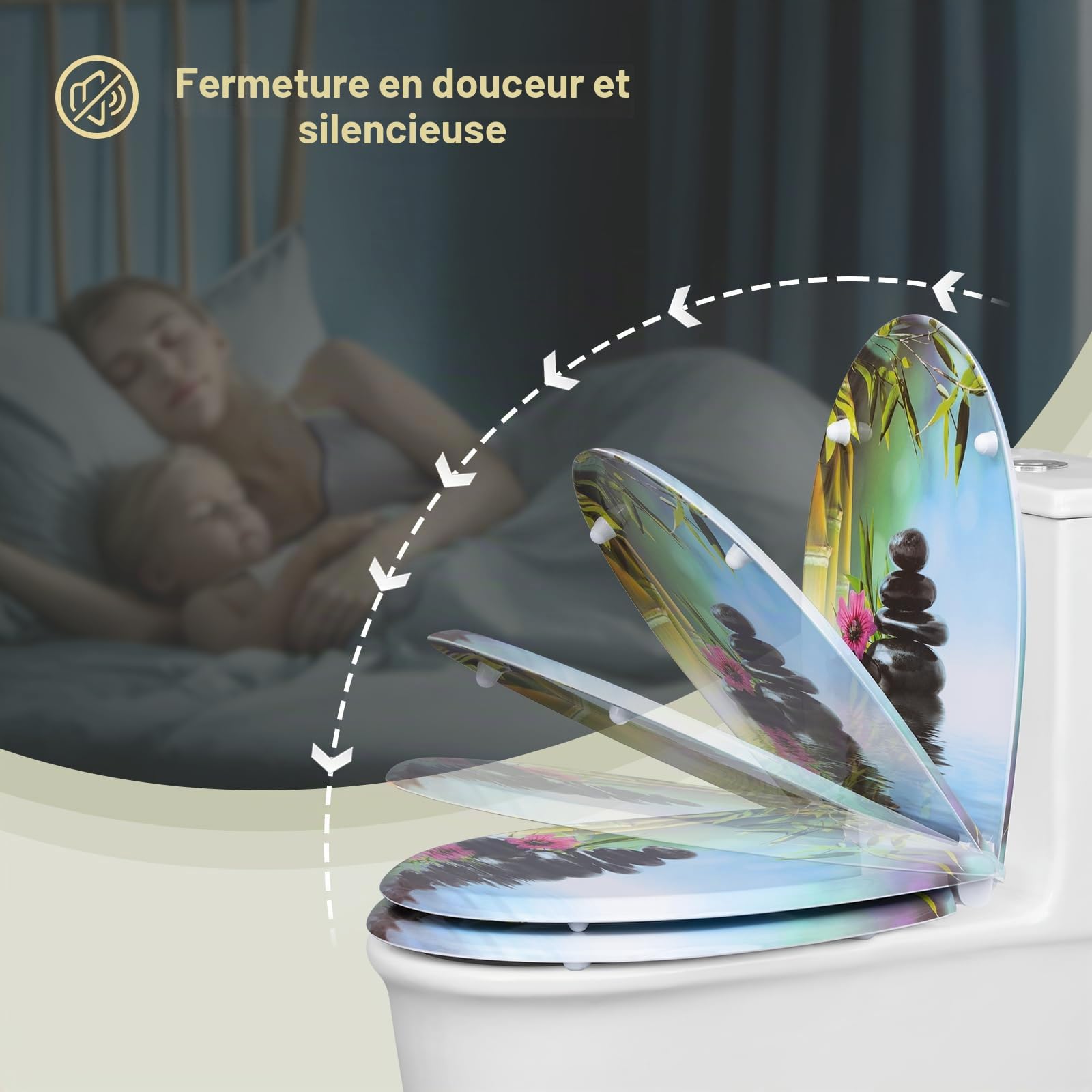 eSituro Abattant de Toilette, Siège WC en Forme de O à Fermeture Douce, Montage par le Haut, Déverrouillage Rapide, Charnières Réglables à 360°, en Duroplast, Pierres et fleurs