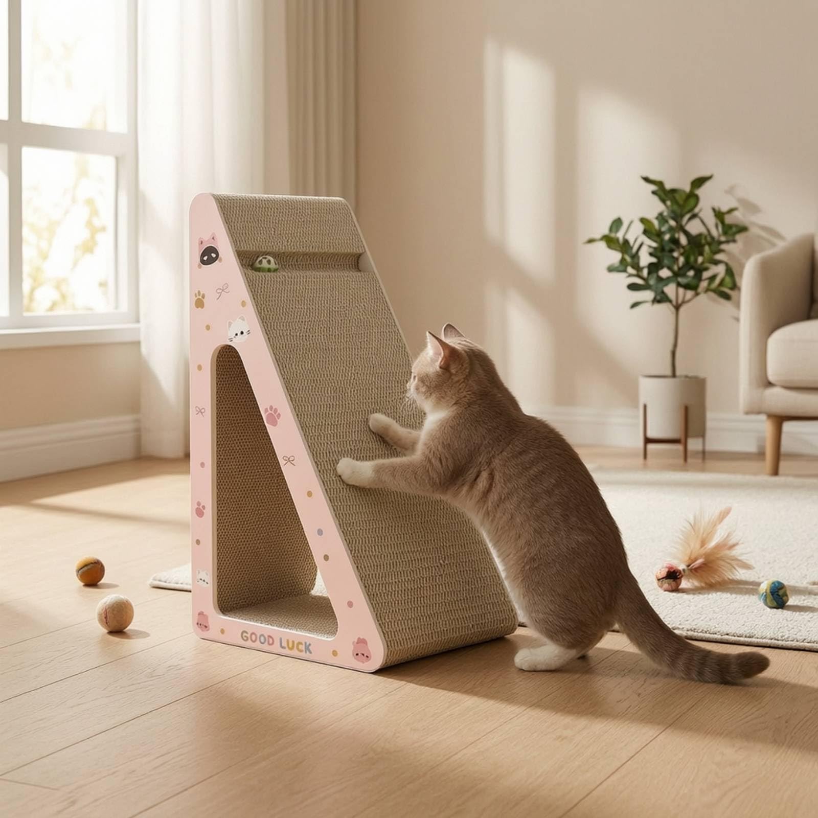 Griffoir pour Chat Griffoir Grattoir Poteau Jouet avec Carton Ondulé Forme Triangle avec Ouverture pour Grimper Se Reposer et Entretenir Adapté aux Chatons et Protection des Meubles Maison