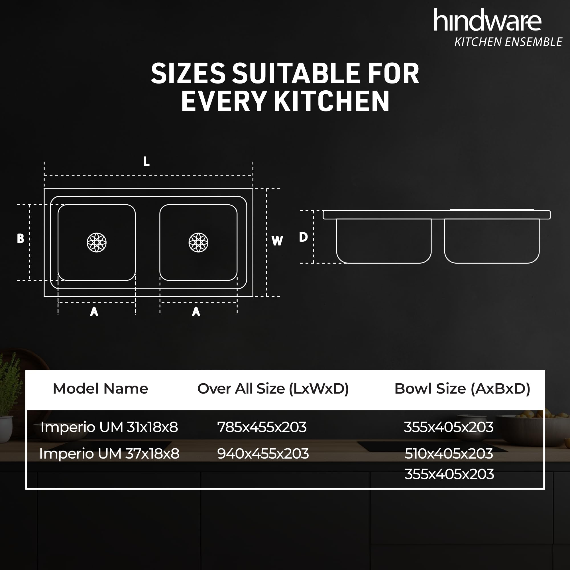 Hindware Kitchen Sink 37"x18"x8"| 304 Grade Stainless Steel | Pressed Double Bowl Sink with Waste Coupling | 25 Yrs Warranty on Product by Brand (Imperio UM, Matt) 2