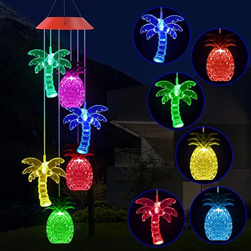 Solawindchime Campanillas de viento de piña, árbol de coco, regalos para mujeres, campanillas de viento solares que cambian de color, luces solares