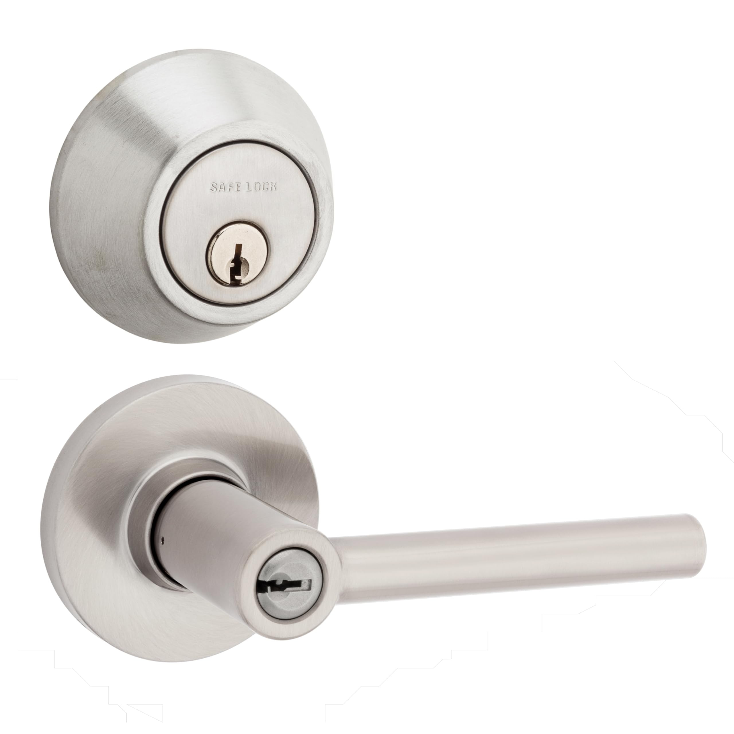 Safe Lock - Reminy Lever, Keyed Entry Lever and Single Cylinder Deadbolt Combo Pack, Satin Nickel Finish
