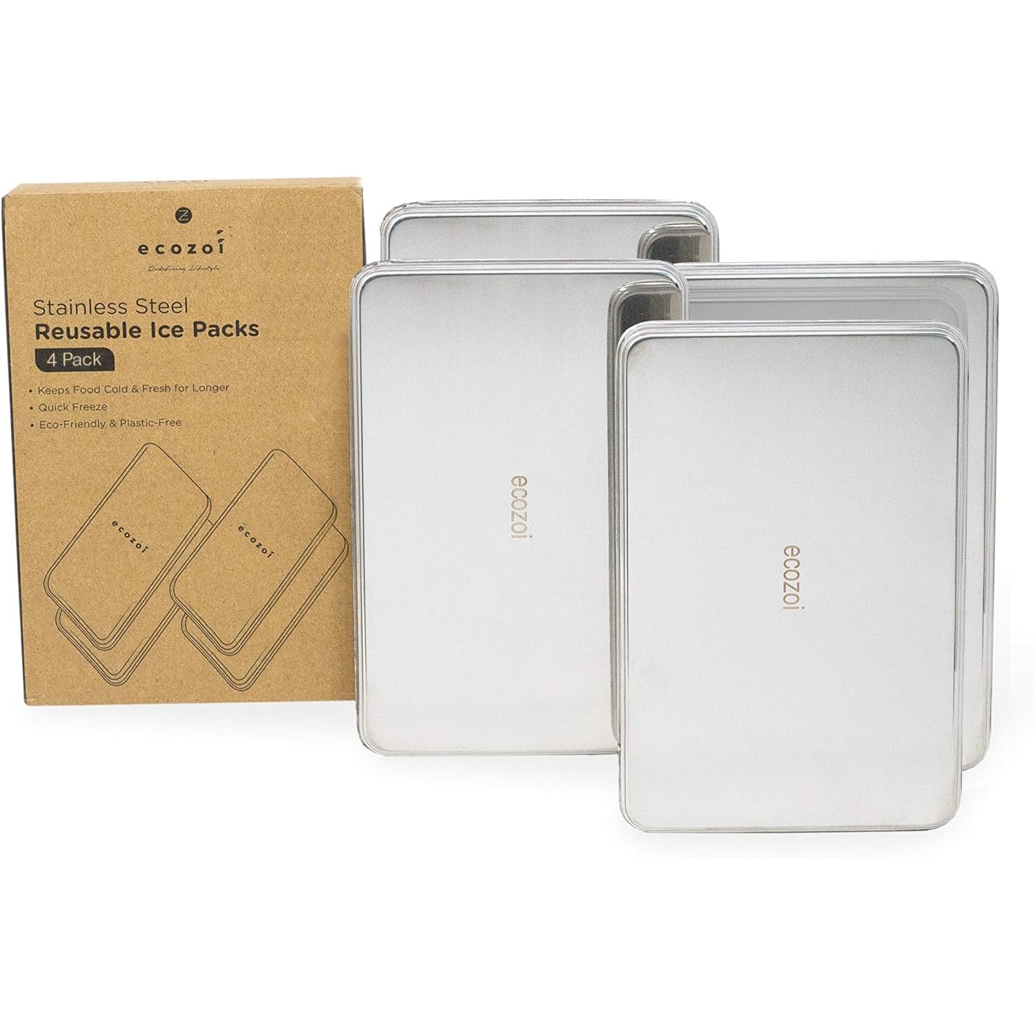ecozoi Stainless Steel Ice Packs Set of 4 – Slim, Reusable Ice Packs for Lunch Boxes Small, Bento Bags & Coolers – Plastic-Free, Durable & Eco-Friendly LunchBox Ice Packs for Kids and Adults