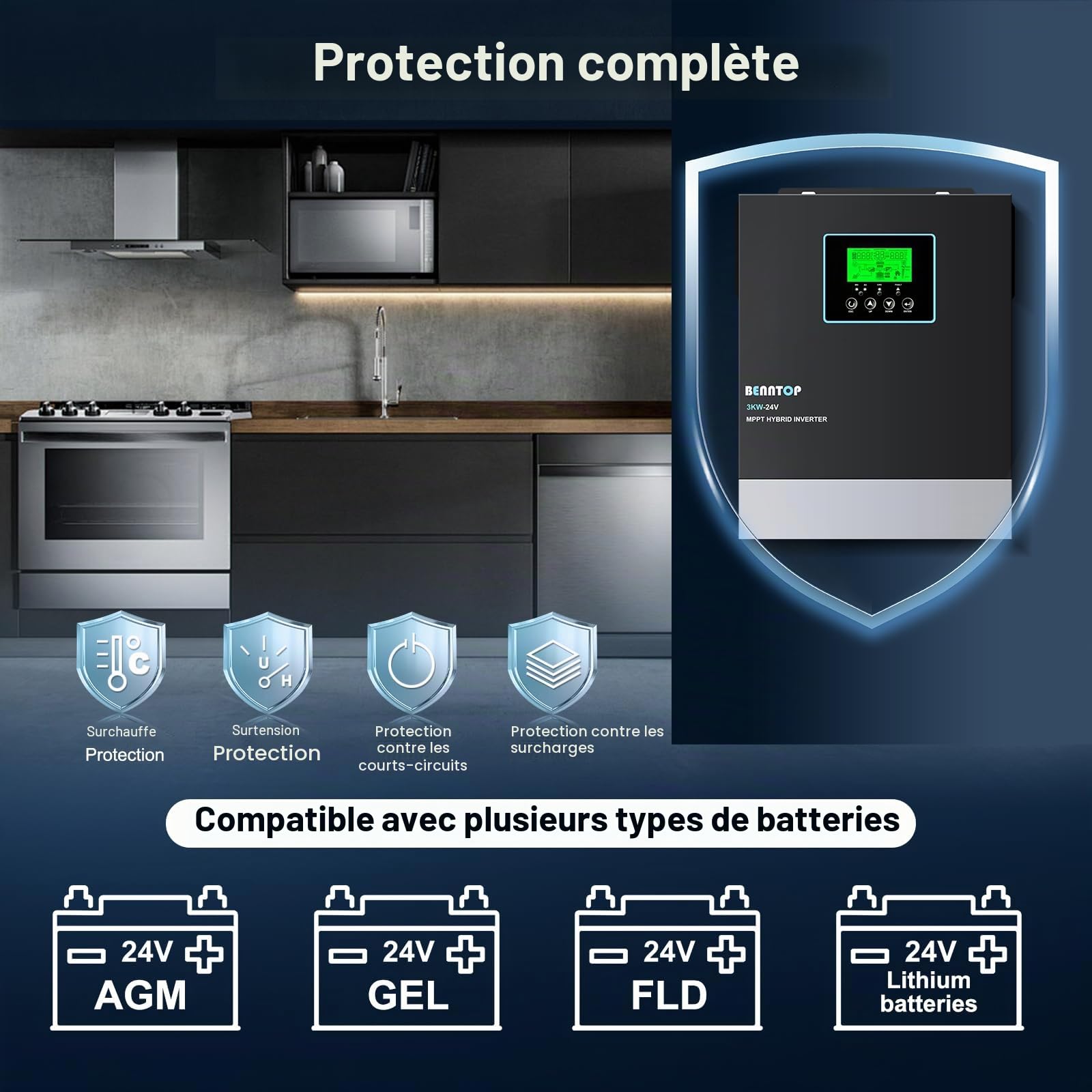 3000W Onduleur Hybride 24 V CC vers 230 V AC Onduleur Solaire Pur sinusoïdal Off Grid avec régulateur Solaire MPPT 80 A, entrée PV Max. 400 V, pour Batteries Plomb-Acide et Lithium