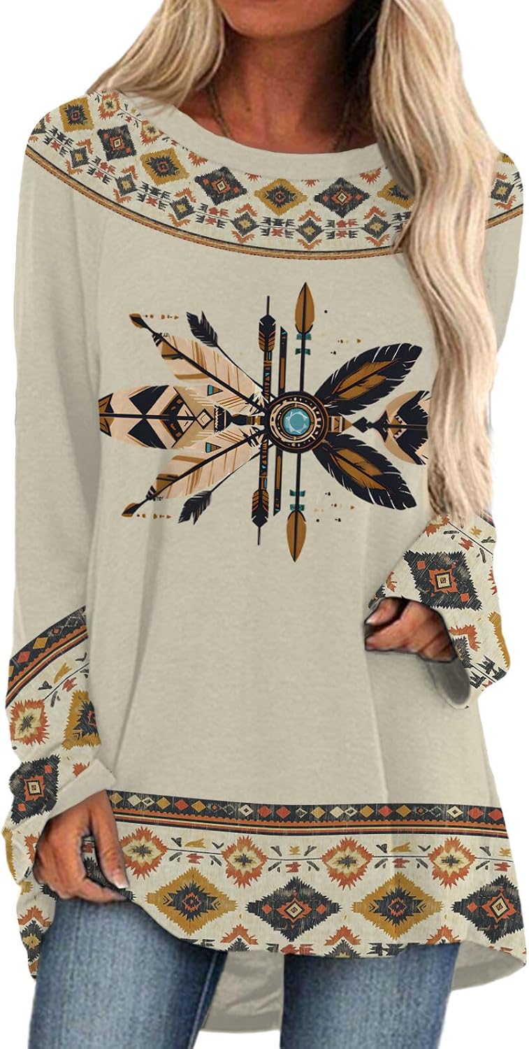 ZOCANIA Aztec Sweatshirt for Womens Long Sleeve Cow Print Shirt Women Crewneck Lightweight Loose Fit Country Hoodies