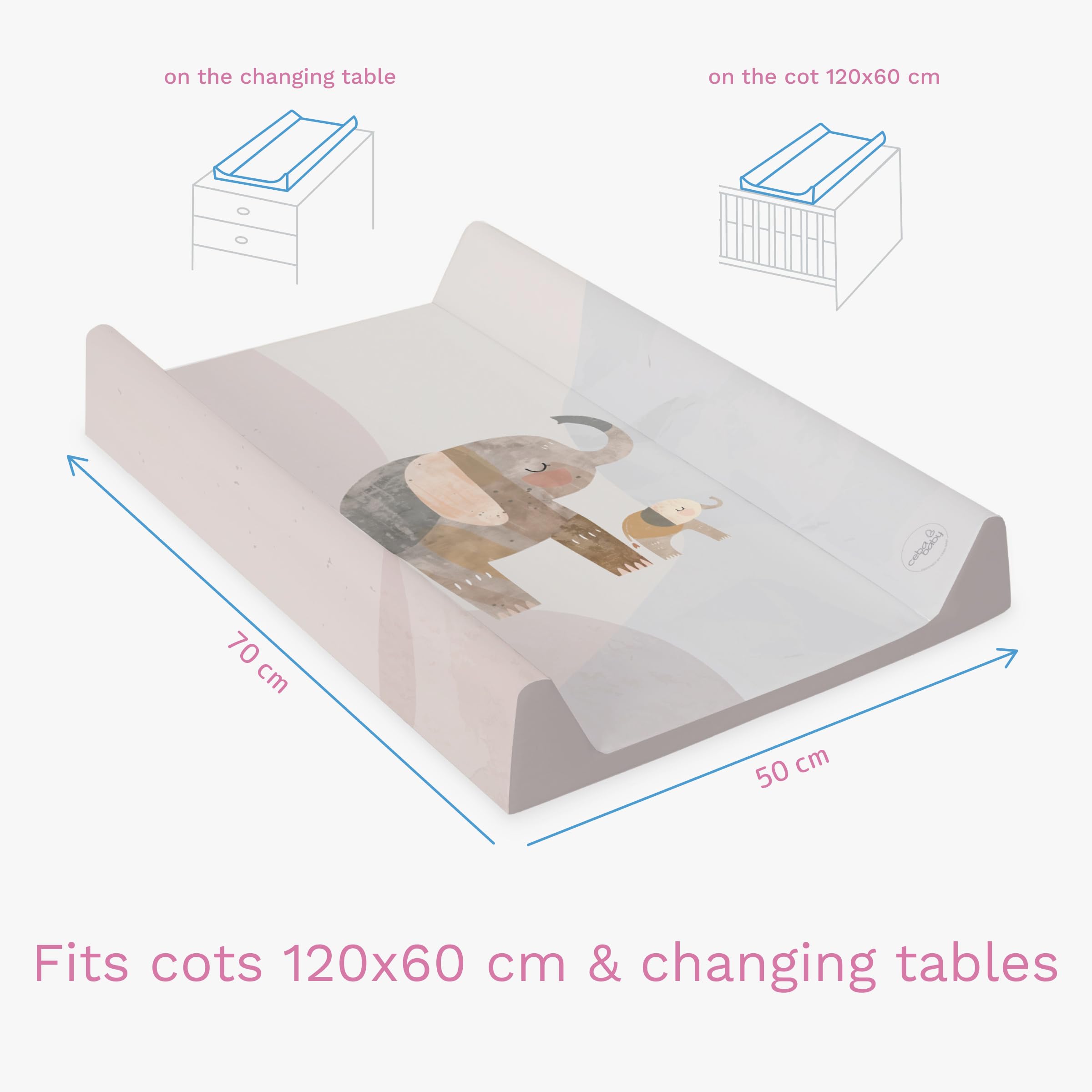 Baby Hard Base Changing Mat/Top Changer 70x50 cm fits 120x60 cm Cot Unisex Wedge Anti Roll Nappy Newborn Baby Waterproof Changing Mat with Raised Edges (Elephant Family) — view 4