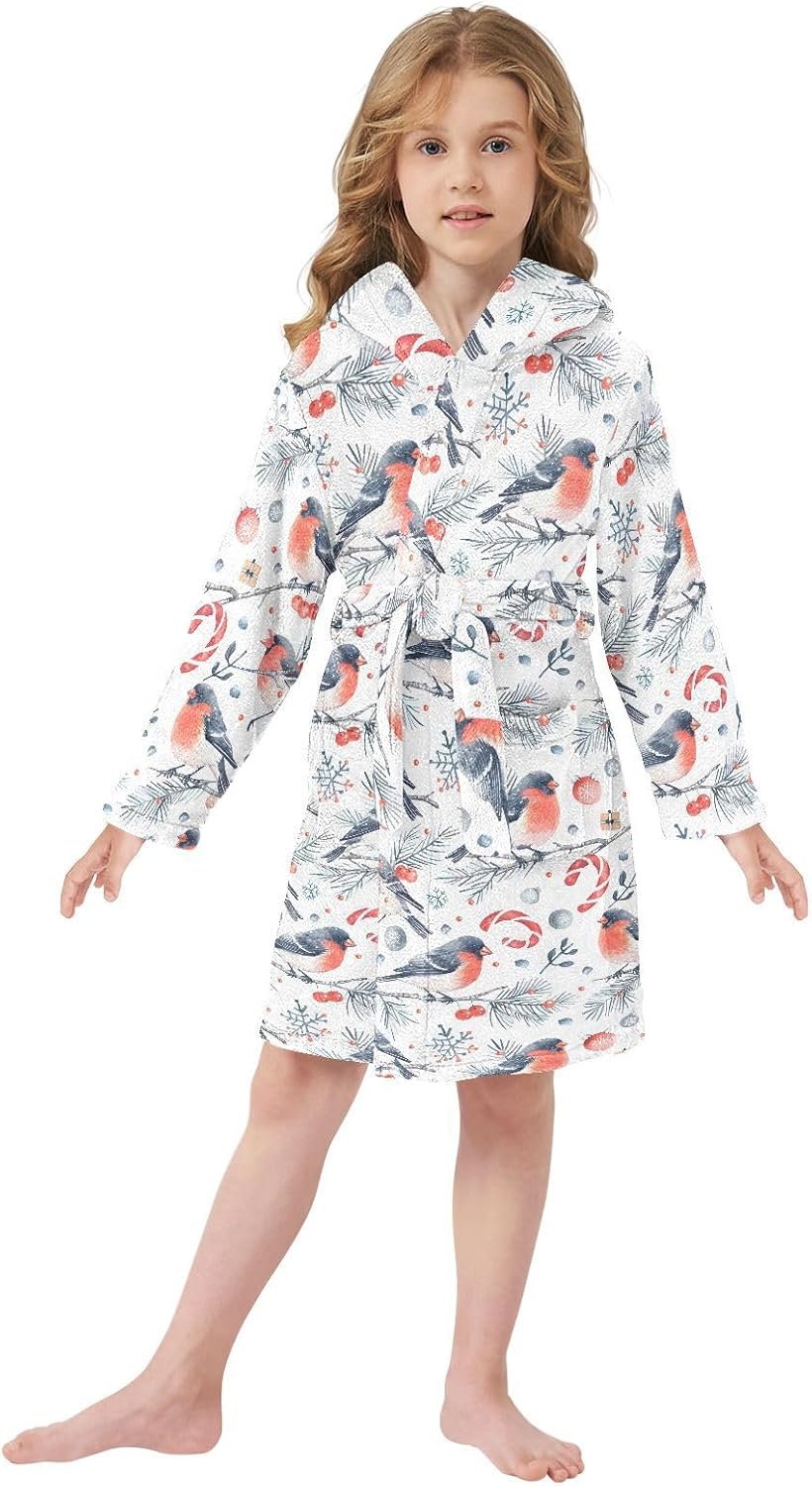 senya Red Bird and Tree Toddler Hooded Bathrobe Kids Soft Plush Bath Towel Robes for Boys Girls 2-12 Years