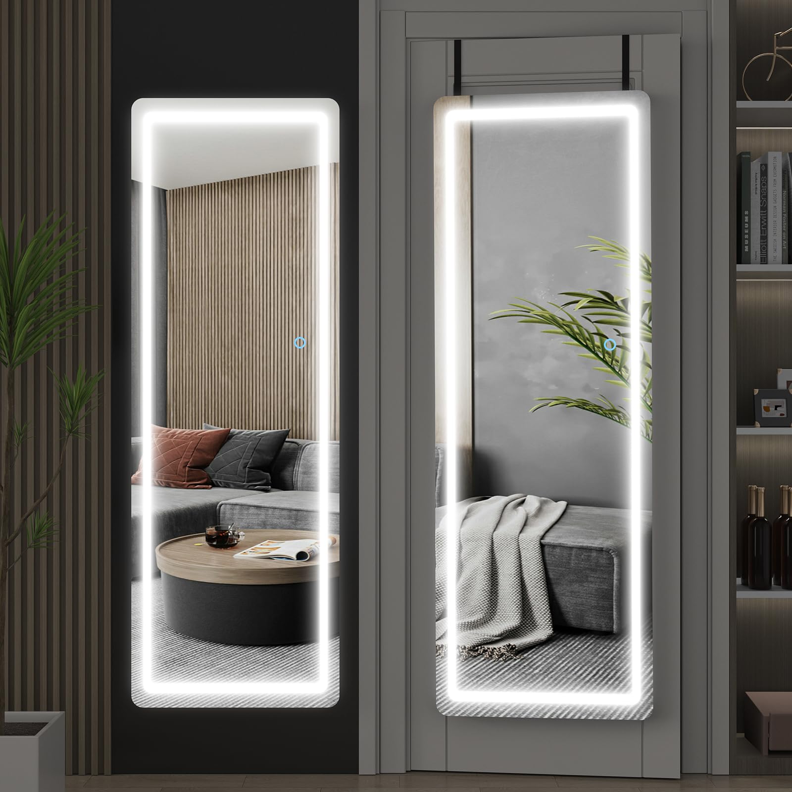 Biyatuos 39"x12" LED Lighted Wall Mounted Mirror, Full-Length Mirror with Lights, Over The Door Hanging Mirror, Vanity Makeup Dressing Body Mirror for Bedroom Cloak Room (White)