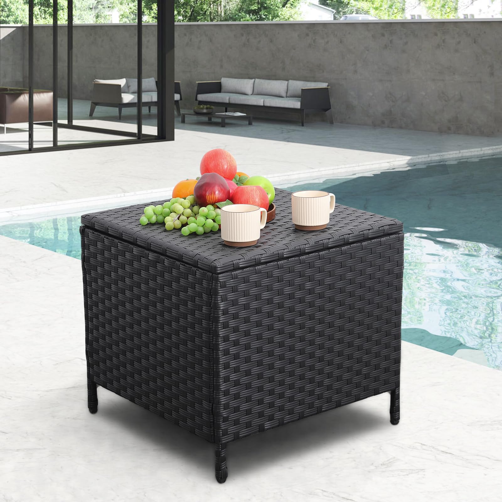 Outdoor Wicker Storage Side Table, Patio Black PE Rattan End Table with Storage, Square Container for Furniture Covers, Toys, and Gardening Tools