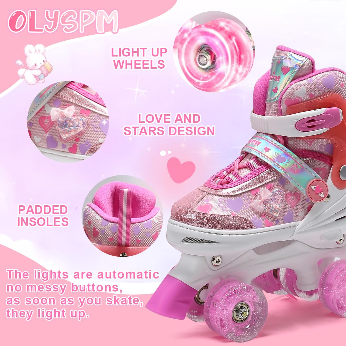 Patin a Roulette Fille,Rollers Enfant Fille avec Motif Intégral de Cœurs Rêveurs & 8 Roues Lumineuses,4 Tailles Réglables,Idée Cadeau Anniversaire Noël