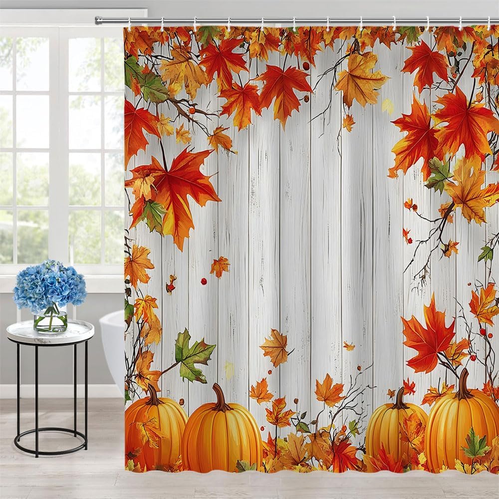 Pumpkin Maple Leaf Shower Curtain Fall Rustic Farmhosue Barn Wooden Board Fallen Leaves Autumn Natural Country Thanksgiving Day Bathroom Polyester Curtains Set with Hooks 70x84 Inch