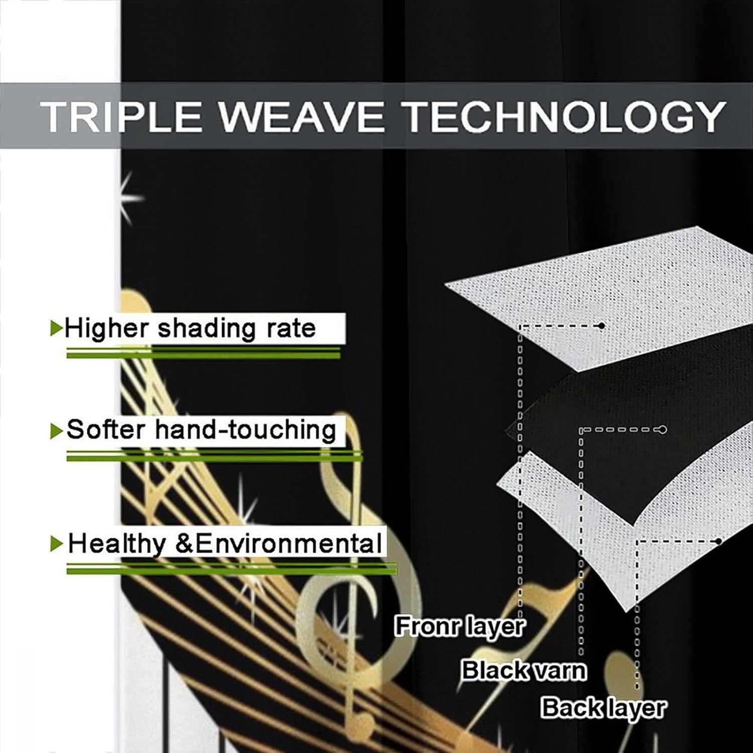 Golden Piano Music Note Curtains,Note Black White Piano Key Home Blackout Rod Pocket Window Treatments for Teens Boys Girls Bedroom Living Cafe Kitchen Restaurant Drapes 42" W X 45" L