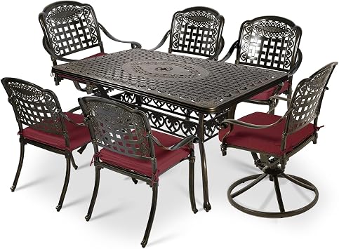 VIVIJASON 7-Piece Patio Furniture Dining Set, Outdoor Cast Aluminum Conversation Set, Include 4 Stationary Chairs, 2 Swivel Dining Chairs and a Rectangle Table with 2" Umbrella Hole, Red Cushion