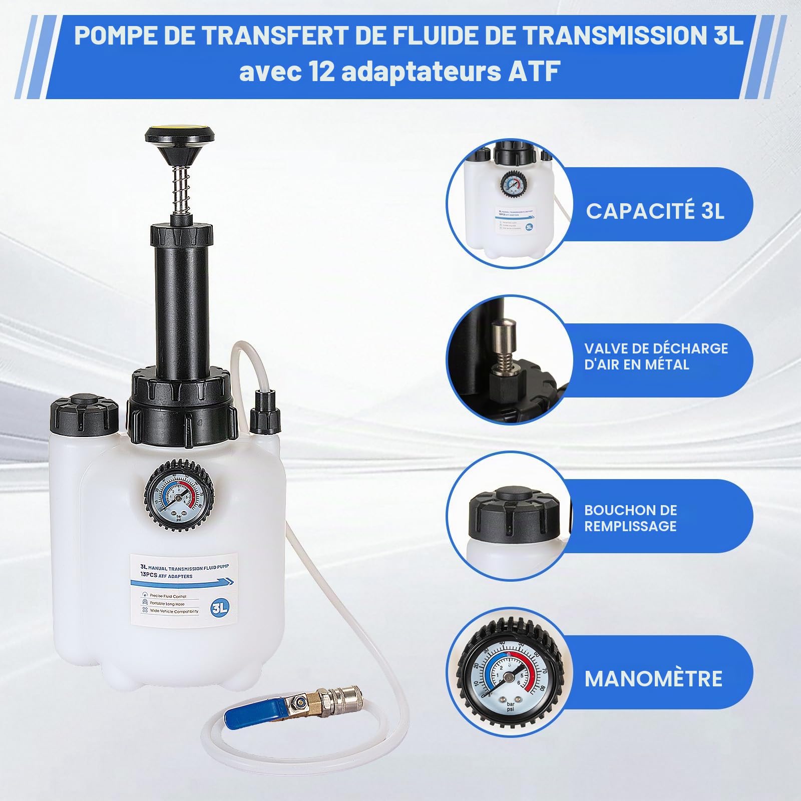 3L Pompe à Liquide de Transmission, Manuelle Pompe à Huile, Outil de Pompe de Transfert de Fluide, Système de Remplissage d'huile avec 12PCS Adaptateurs