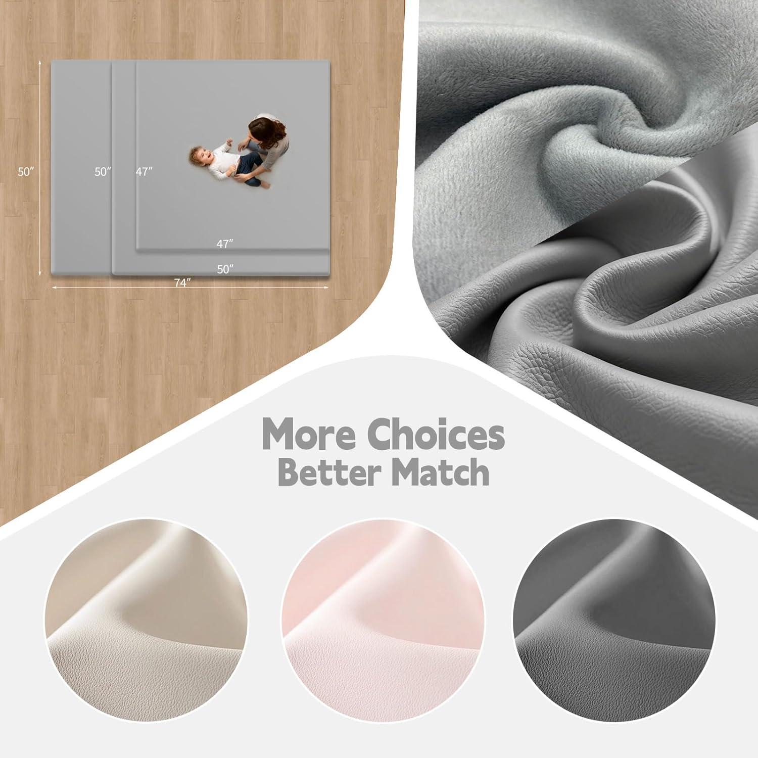 PU Leather Baby Play Mat for Floor, 50"×50" Playpen Mat, 1.3" Thick Elasti-Foam, Non-Slip Crawling Mat for Tummy Time, Waterproof & Wipe-Clean Playmat for Toddler,Infant, Kids (Grey）