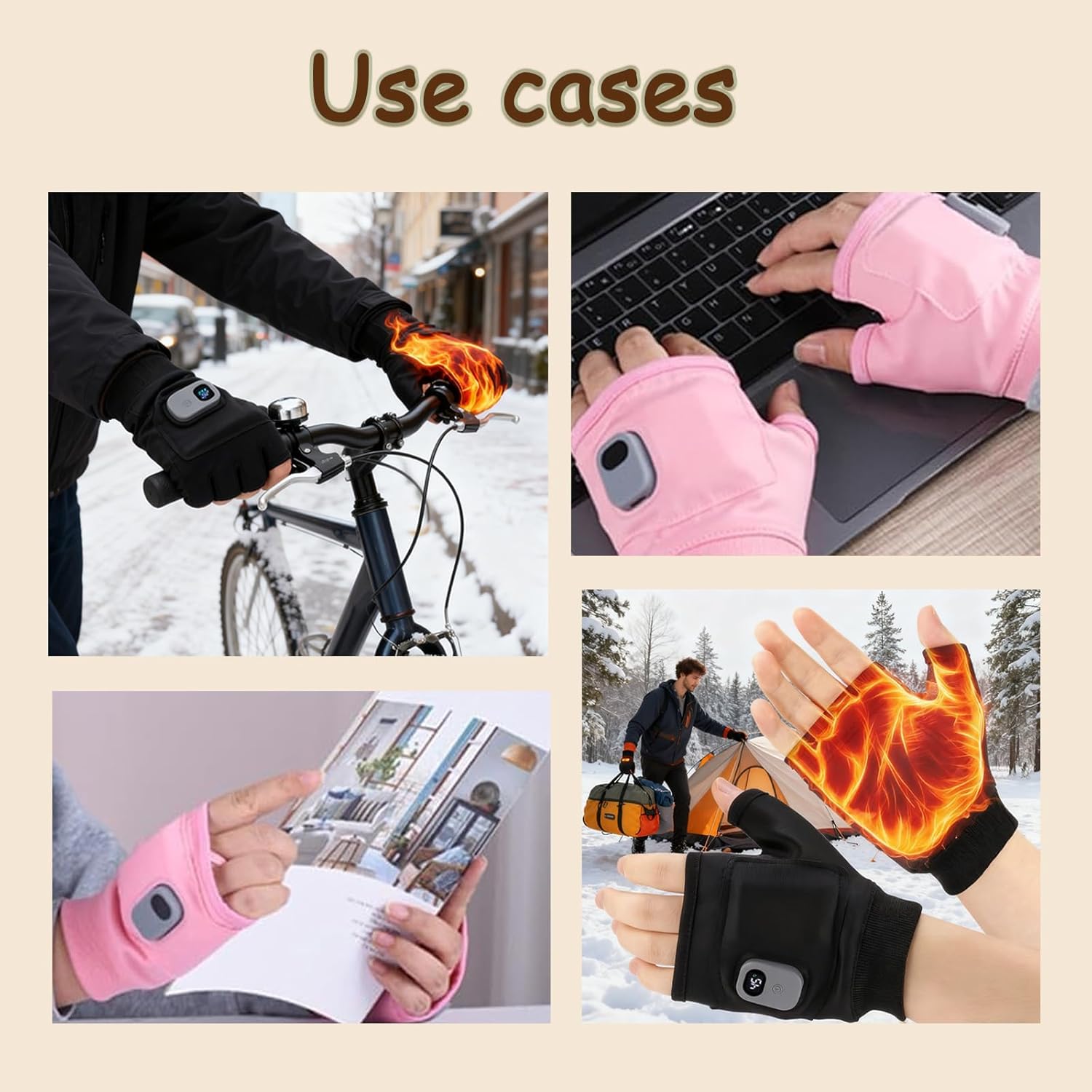 Portable Heating Gloves with Digital Display, for Work Cycling Skiing Outdoor, Three-Level Adjustabl, Smart Thermostatic Heated FingerlessGloves
