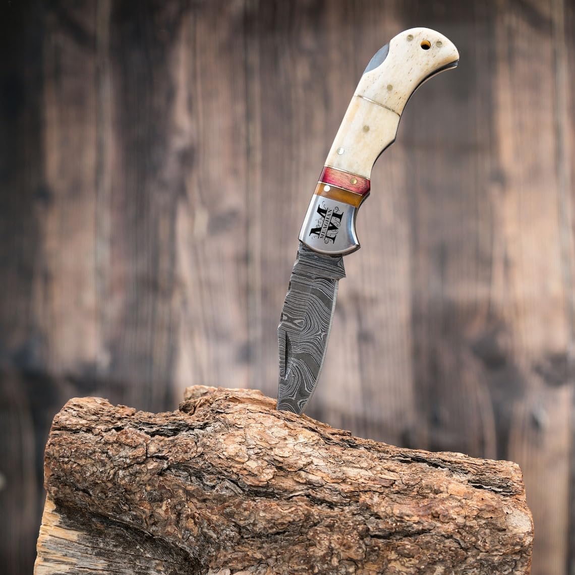 Morf Industries Camel Bone Damascus Steel Pocket Knife for Men, Groomsmen Gifts Folding Blade Knives For him, Custom Handmade - 6.5" Knife