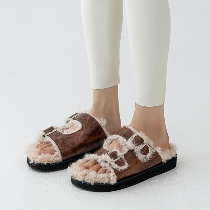 ForBaysy Womens Open Toe Fuzzy Slipper with Faux Fur Lining Cork Slide Sandals Adjustable Buckles