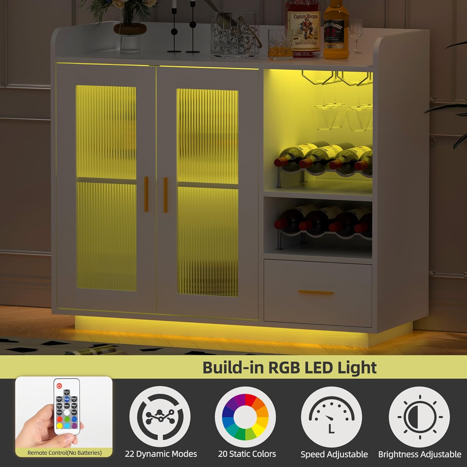 Wine Bar Cabinet with LED Lights, Floating Coffee Bar Cabinet with Wine and Glass Rack, Kitchen Buffet Sideboard with Glass Doors and Drawers for Dining Room, White