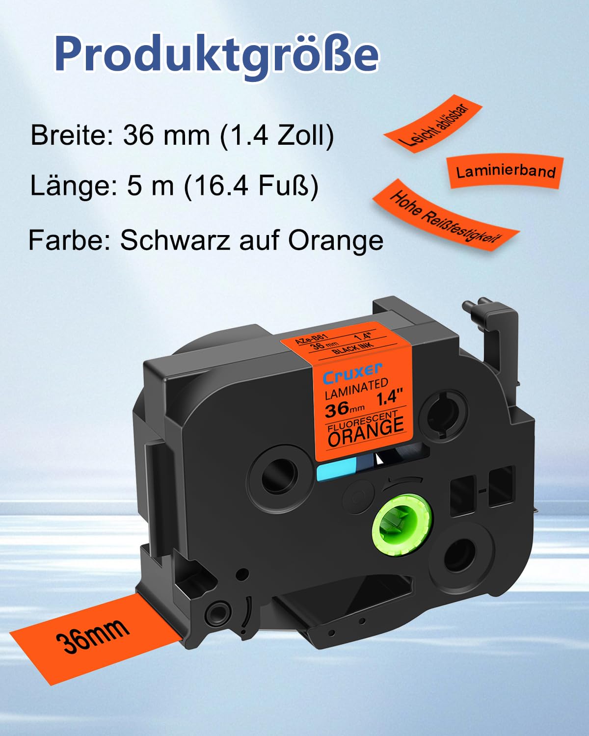 Cruxer 8er-Pack Kompatibel mit P-touch TZeB61 36 mm Schwarz auf Orange | TZe-B61 Laminiertes Etikettenband Ersatz für Ptouch PT-530 550 3600 9200pc 9200DX 9400 9500PC 9600 9700PC Etikettendrucker