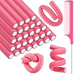 Syhood 30 Pcs Flexible Curling Rods 9.45 Twist Foam Rollers Soft Foam No Heat Hair Rods Rollers and 1 Steel Pintail Comb Rat Tail Comb for Women Long Short Hair(Pink,9.45 x 0.55 Inch)