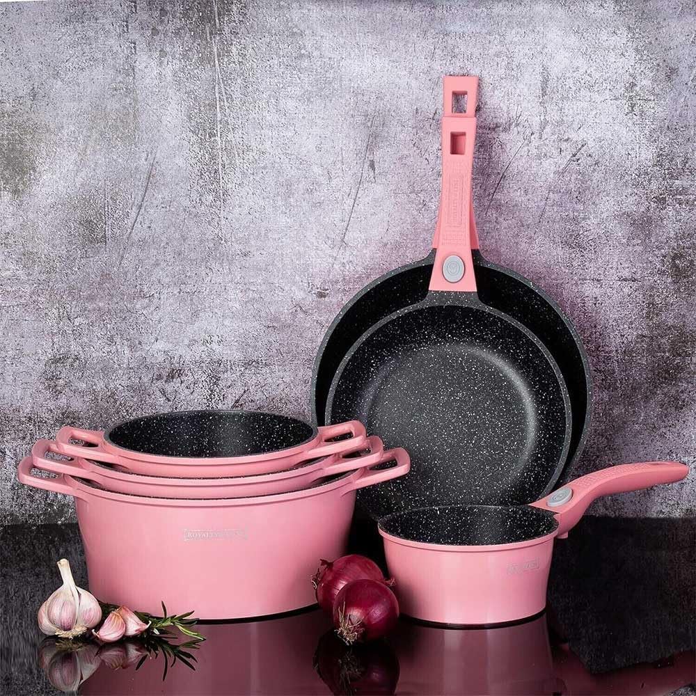 Batteria Pentole e Padelle 17 Pz in Alluminio pressofuso Antiaderente Rivestimento In Marmo ideale per Piano Induzione o Gas, Coperchi in Vetro e Utensili Inclusi Royalty RL-ES2014M (Rosa)