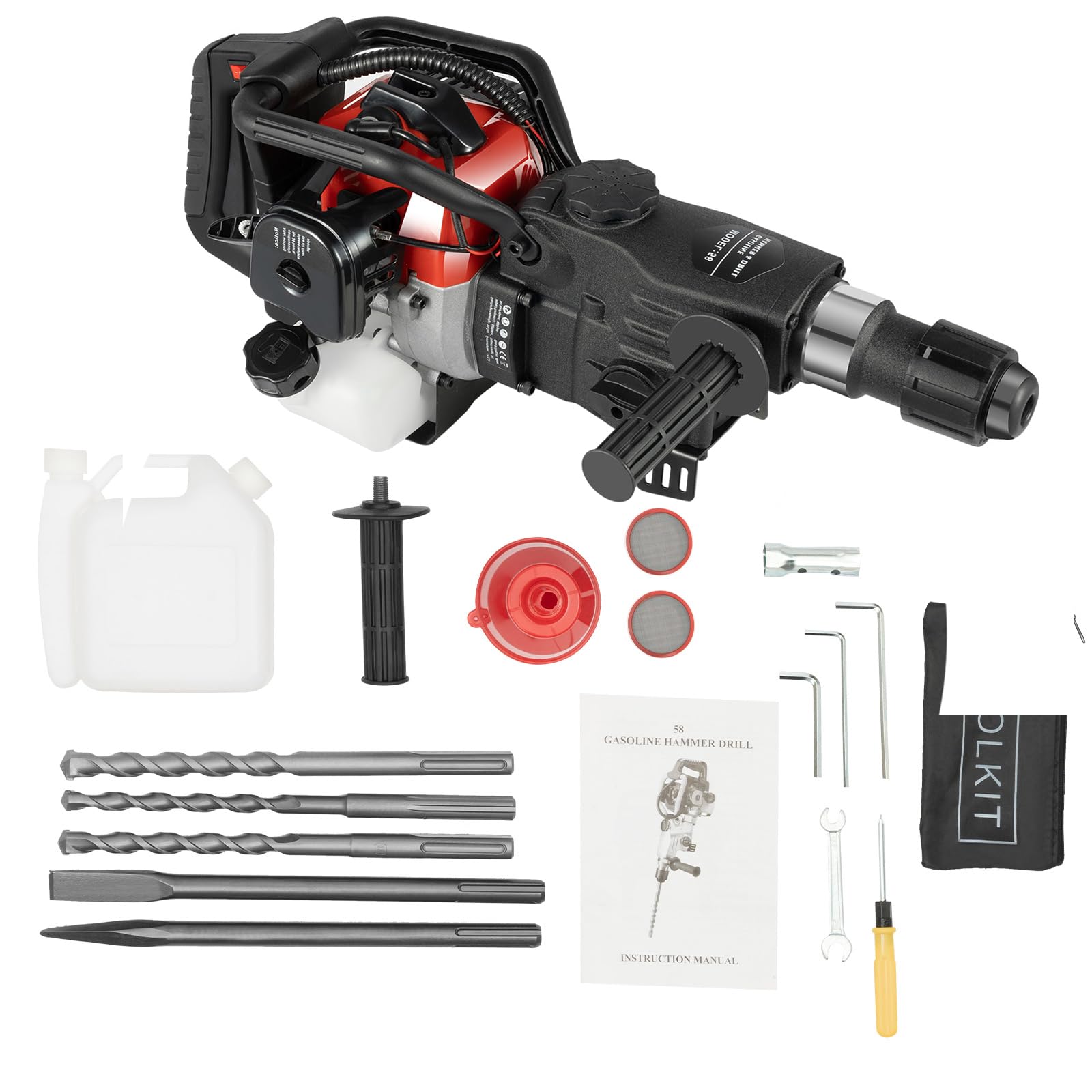 Martillo de demolición de gasolina, 32,6 cc, 2 martillos de impacto, martillo cincelador, 1200 W, trituradora de hormigón, taladro perforador, con 3 brocas, 1 caja de herramientas