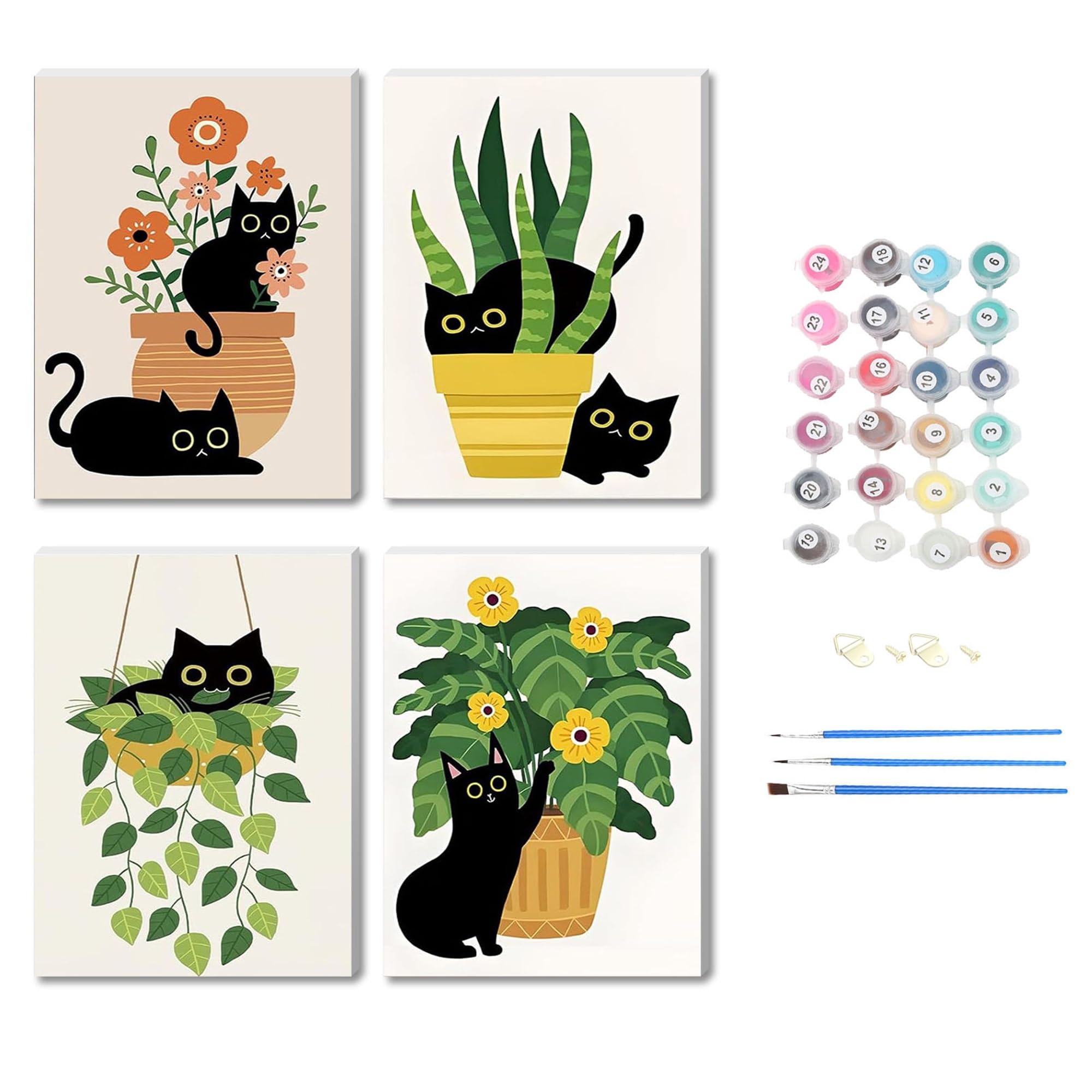 NZNANCHU 4pcs Cat Wooden Framed Paint by Number for Adult,Plant DIY Painting Kits for Adults,Color by Numbers,Small Paint by Number Canvas Crafts Watercolor for Beginners Hoom Decor