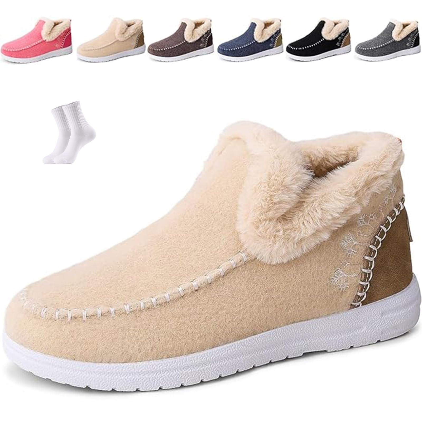 Cozy Orthopedic Fleece Slip-On Boots Winter Womens Plush Flat Snow Boots Comfy Warm Anti-Slip Fleece Lined Shoes