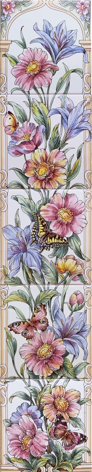Rainbow Decors Floral Trellis & Butterflies Artistic Ceramic Tile Mural Vertical 5 Vintage Victorian Decorative Tiles 6" 15x15 cm Hand Decorated in UK