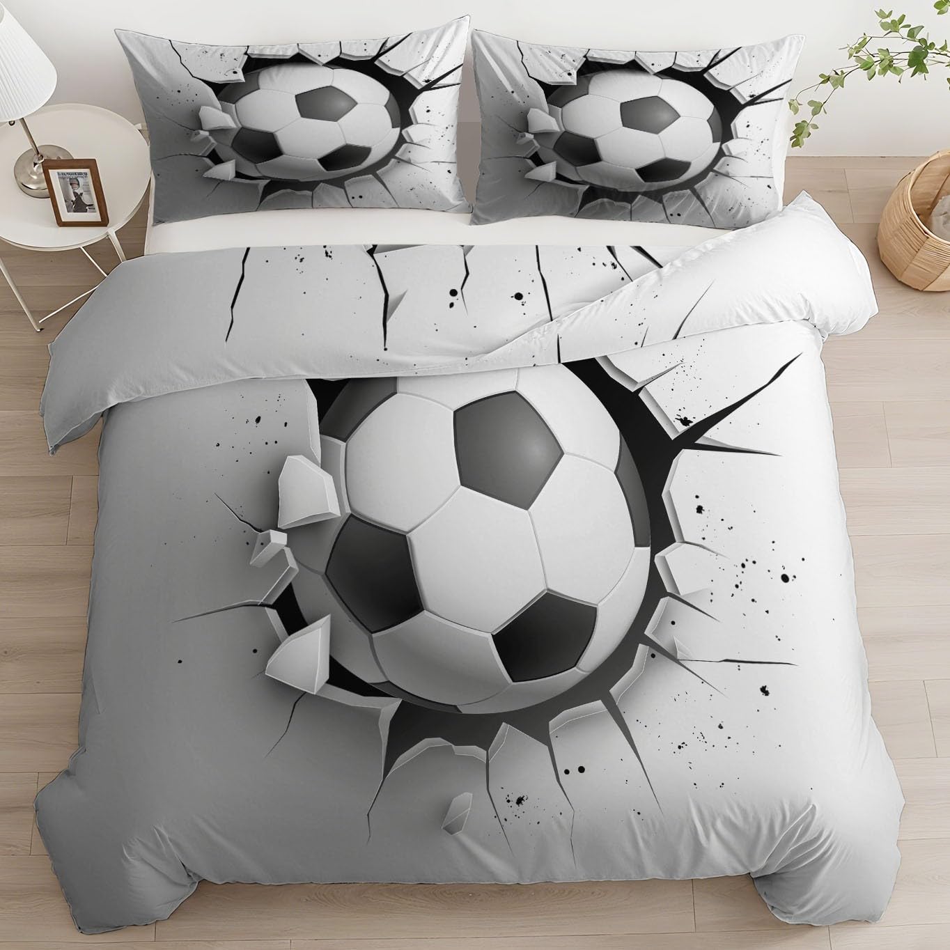 Juego de Funda Nórdica 3 Piezas para Cama 105 - Funda Edredón Reversible 180x220 cm Balón De Fútbol Pared Dibujo Animado, Ropa de Cama Gris para Cama Individual y Matrimonio