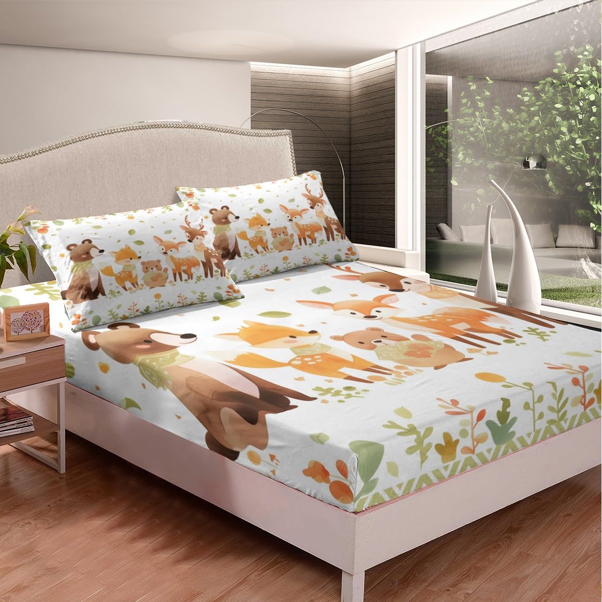 jejeloiu Cute Cartoon Animals Bed Sheets Set King Size Kawaii Bear Deer Bedding Set for Kids Boys Girls Lovely Farmhouse Nature Blossoms Leaves Fitted Sheet Room Decor