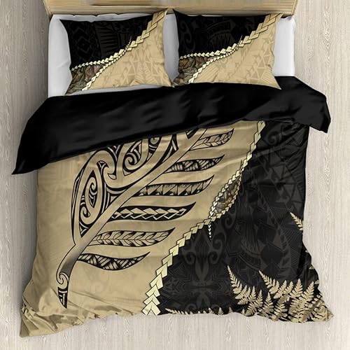 gearider Juego de 3 fundas de edredón con diseño de helecho de hojas plateadas de Nueva Zelanda, color marrón, polinesio, vintage, con 2 fundas de
