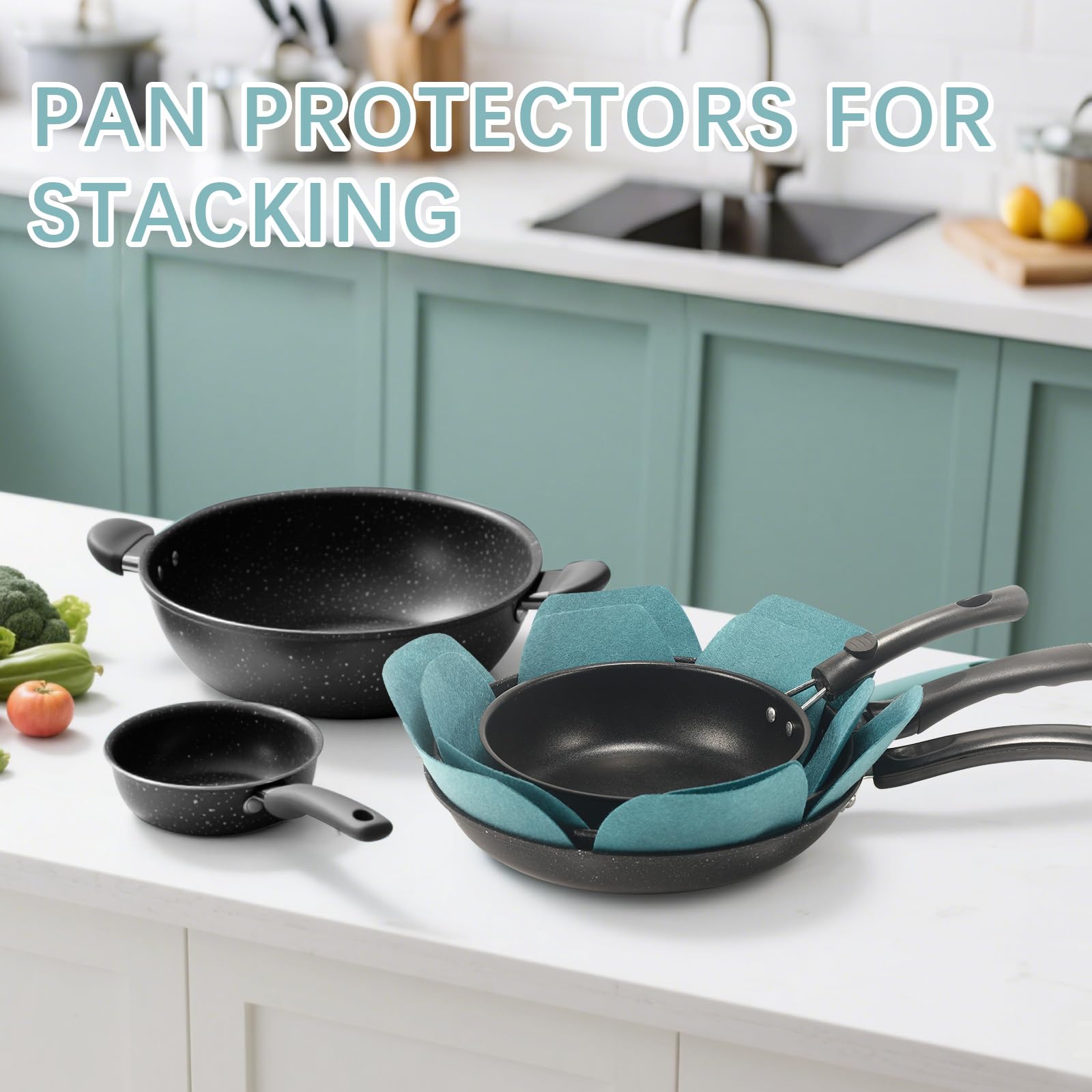 Protectores de sartén para apilar, juego de 12 y 3 tamaños diferentes, protectores de utensilios de cocina de fieltro más grandes y gruesos, protectores de ollas y sartenes, protectores de separadores
