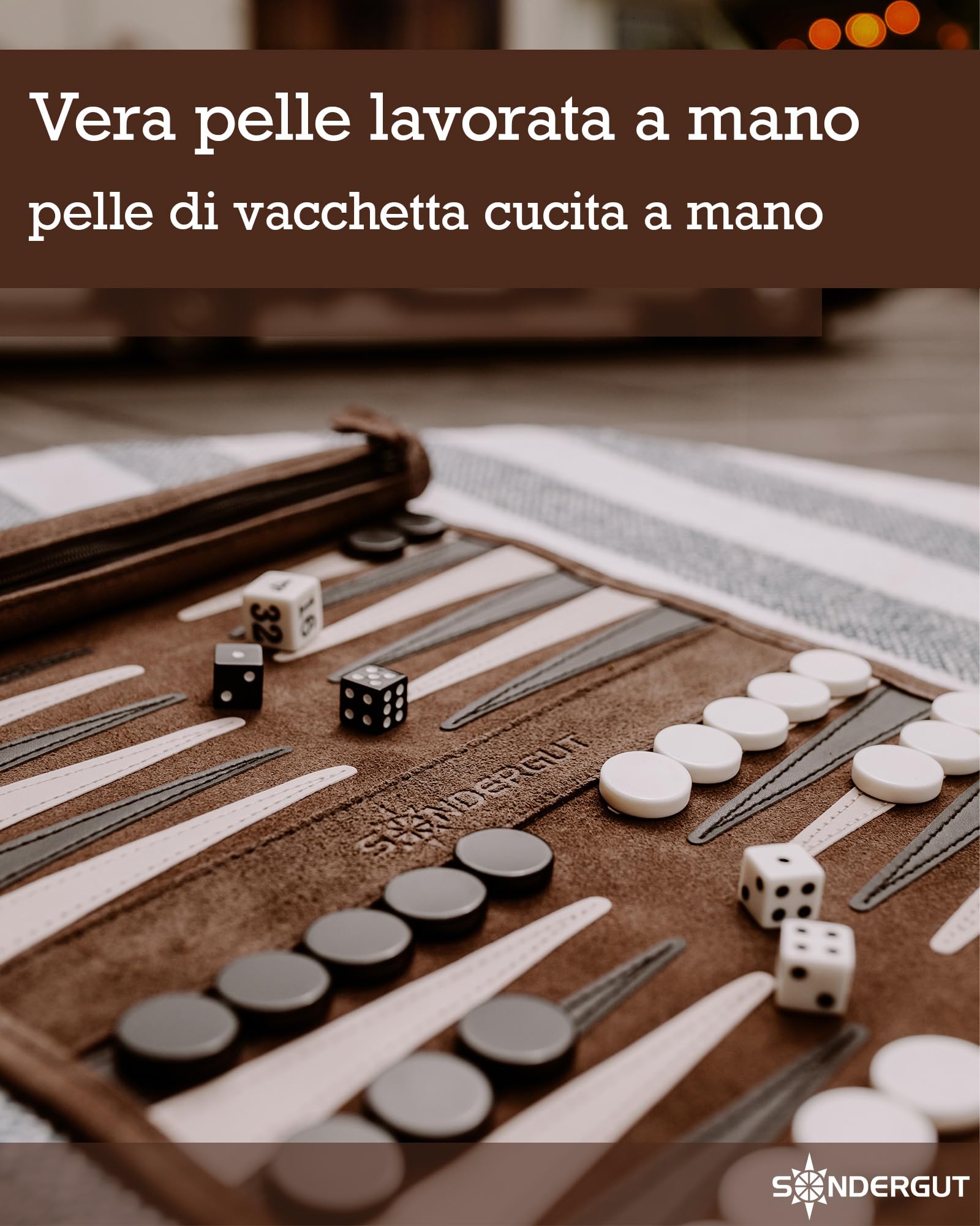 Sondergut Backgammon gioco da tavolo Mocca - Avvolgibile, in 100% pelle - L'originale dal 1998 - Perfetta idea regalo per gli appassionati del campeggio e dei viaggi - 25x34cm