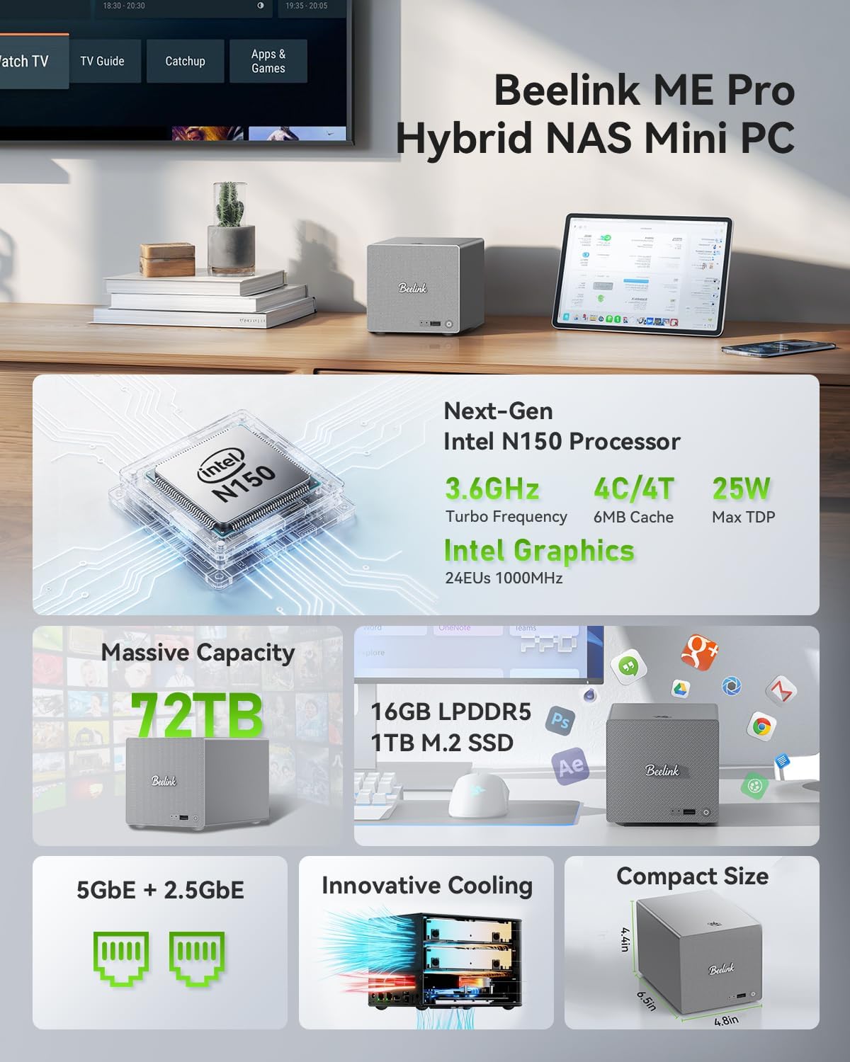 Beelink Me Pro, Mini PC NAS, Intel N150 CPU, 16GB LPDDR5, 1TB SSD, 3*M.2 PCIe3.0 SSD Slots + 2*HDD Bays(MAX 72TB), 5G + 2.5G Dual LAN/WiFi6/BT5.4, 4K Media Library, Private Cloud, Soft Router